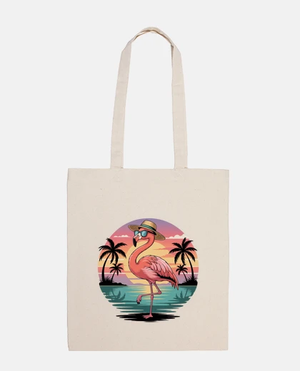 Bolsa flamenco rosa al atardecer con palmeras