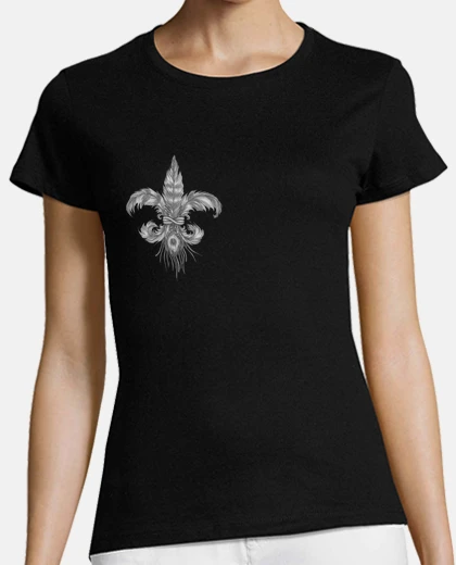 T-shirt fleur-de-lis of feathers, chest. woman, short sleeve, black, premium quality