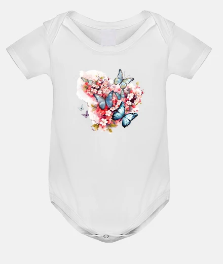 Kids flight of blue butterflies pink flowers pink baby educational bodysuit