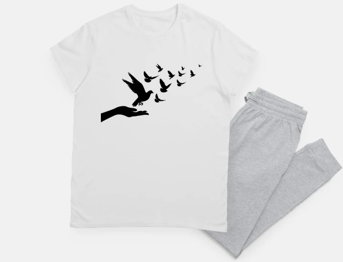 Pyjama flight of pigeons in one hand silhouette night sleep