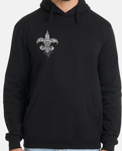 Sudadera Flor de lis de plumas, pecho. Hombre, jersey con capucha, negro