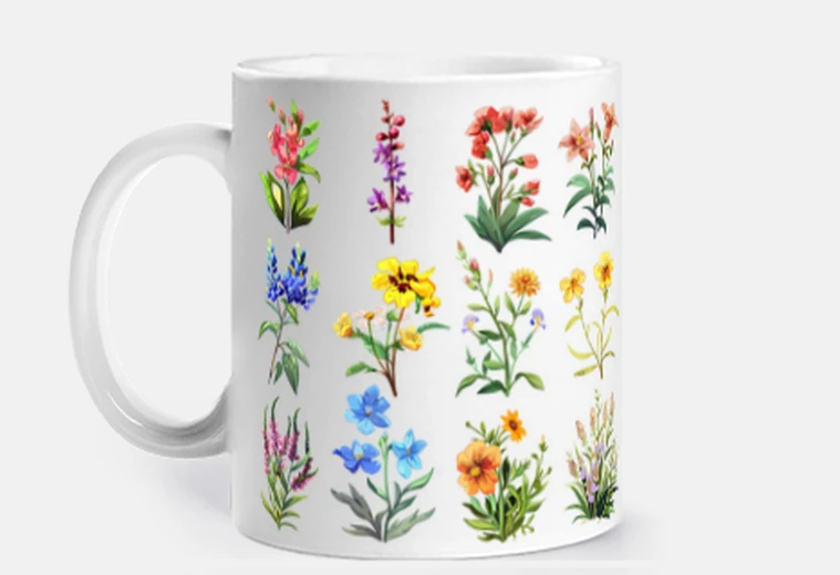 Cup flowers on stem personalized herbarium table coffee cup tea infusion herbal tea mate croissants