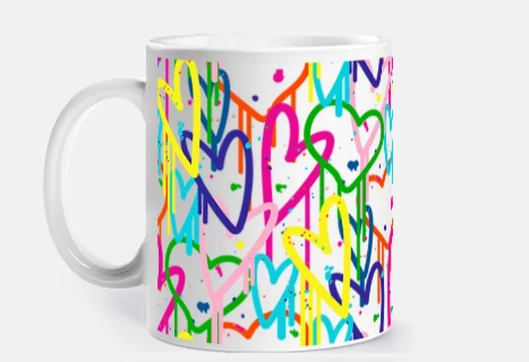 Cup flowing hearts street art style cup coffee tea croissants rooftop infusion