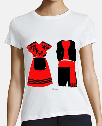 T-shirt folclore dell&#39;estremadura. donna, stile baseball, bianca e blu navy