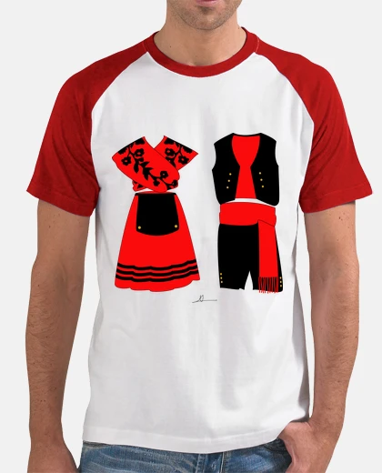 T-shirt folclore dell&#39;estremadura. uomo, stile baseball, bianca e rosso
