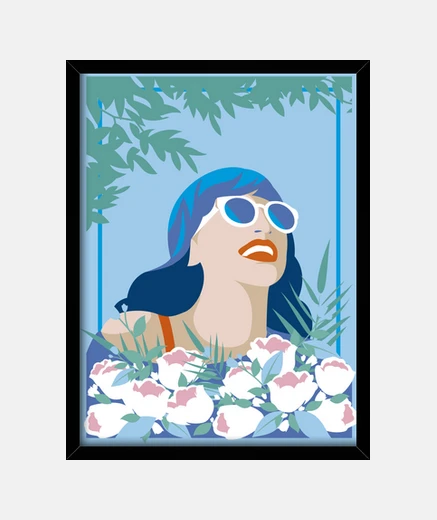 Quadro foto art deco primavera estate sole elegante ragazza sorridente tra fiori decorativi arte vintage