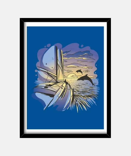 Framed frame poster, dolphins dancing in front of the boat at sunset. rare and collector artist design
