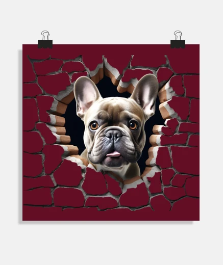 Poster french bulldog hole wall bricks poster poster decoration