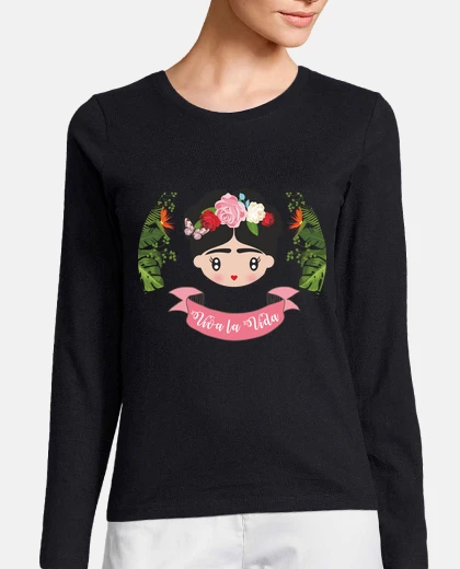Camiseta Frida - viva la vida. , manga larga, negra