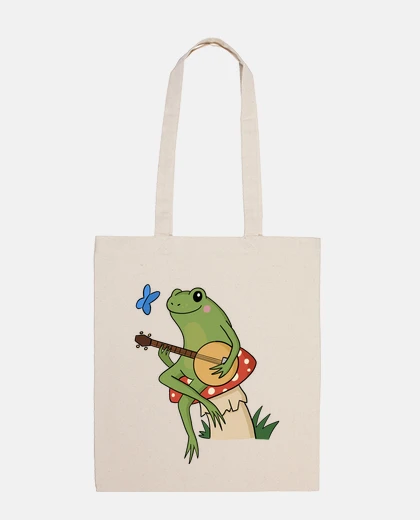 Bag frog playing banjo cottagecore shopping bag holiday shopping tote
