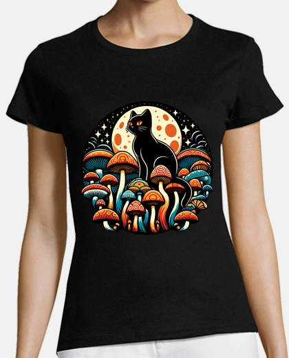 Playera funny black cat in mushroom garden
