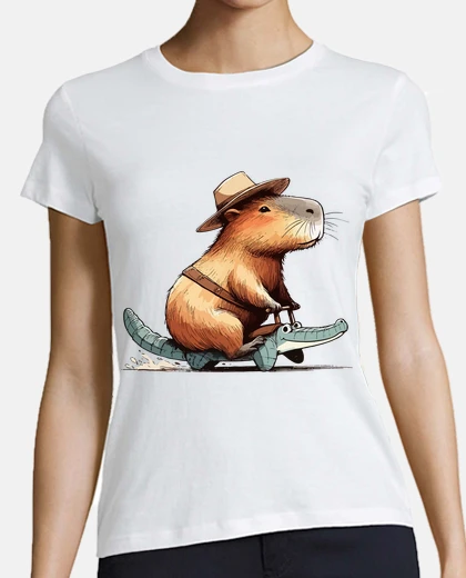 Playera funny capybara riding a crocodile
