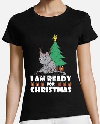 Funny cat christmas tree fairy lights t shirt tostadora