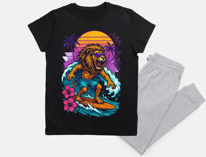 Pajama Funny Lion Surfer Wave Summer Retro