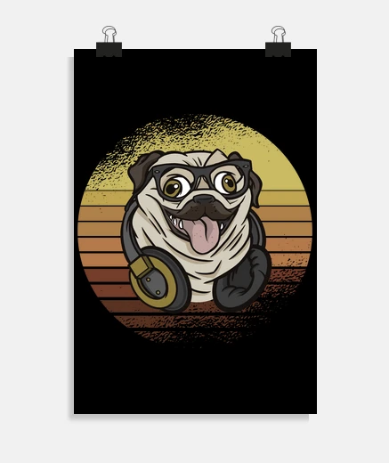 Poster funny music pug retro style