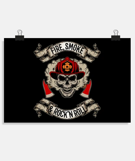 Poster fuoco fumo e rock and roll pompiere