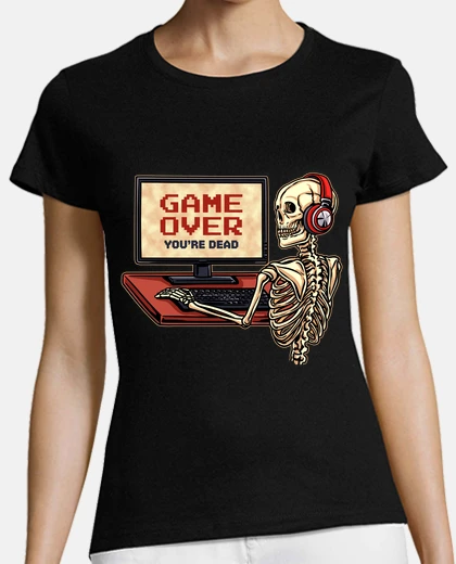 Tee-shirt game over squelette pc gamer jeux vidéo arcade