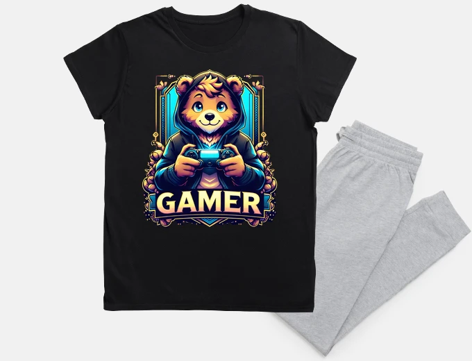 Pajama gamer bear fan of video games