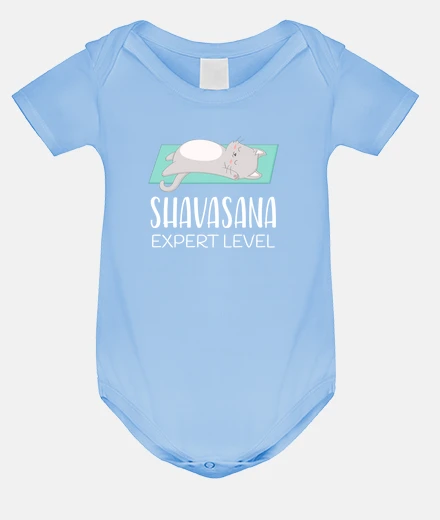 Ropa Gato divertido haciendo yoga, Savasana. Body bebé azul