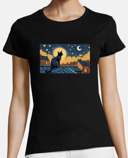 Playera gato en la azotea con noche estrellada