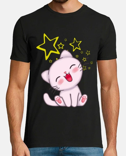Camiseta gato kawaii con estrellas