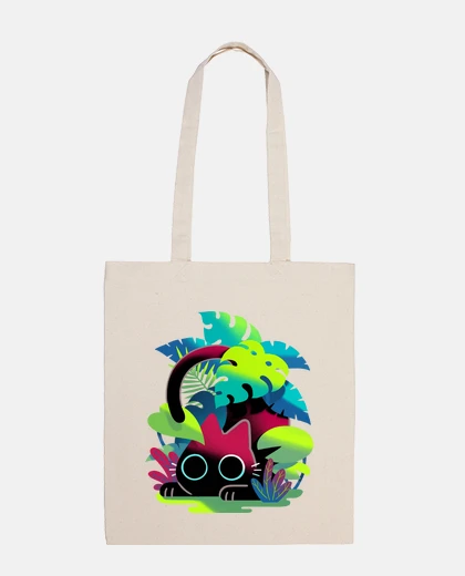 Bolsa Gato negro detrás de hojas - Cazador al acecho entre plantas