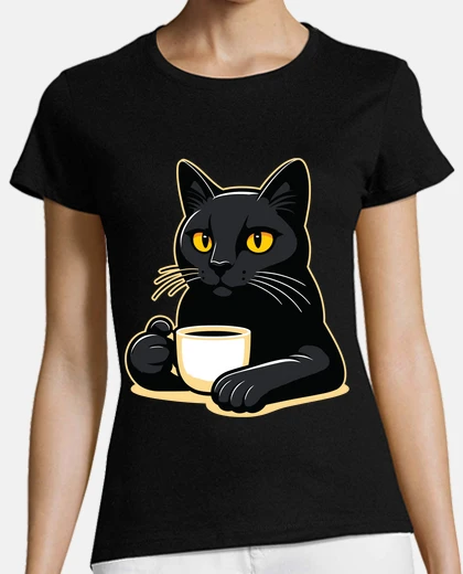 Playera gato negro tomando su café divertido gracioso humor