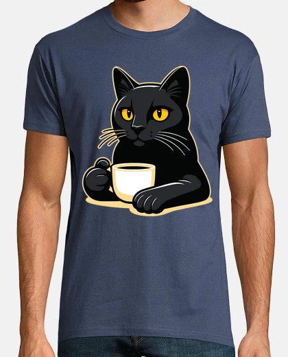 Playera gato negro tomando su café divertido gracioso humor