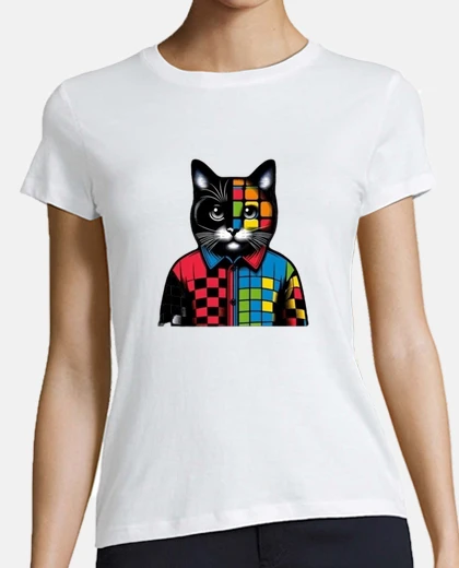 Playera gato negro vestido como un cubo mágico cuello en v