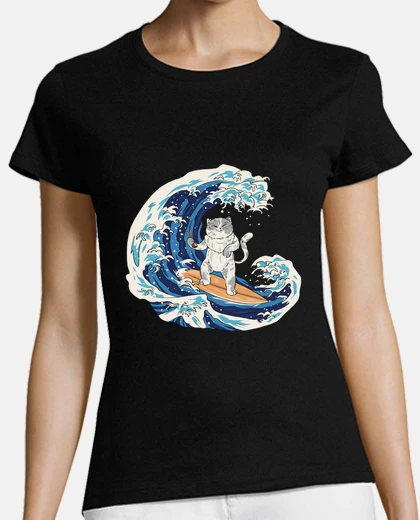 Playera gato surfeando la gran ola, humor,