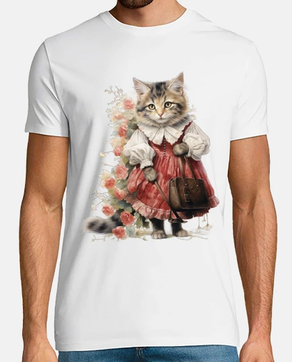 Camiseta gato vestido vintage estilo cottagecore