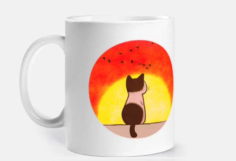 Taza gato viendo la puesta de sol