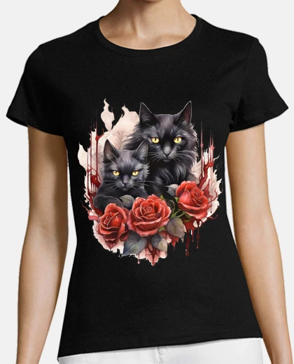 T-shirt gatti neri gotici con rose e scollo a v