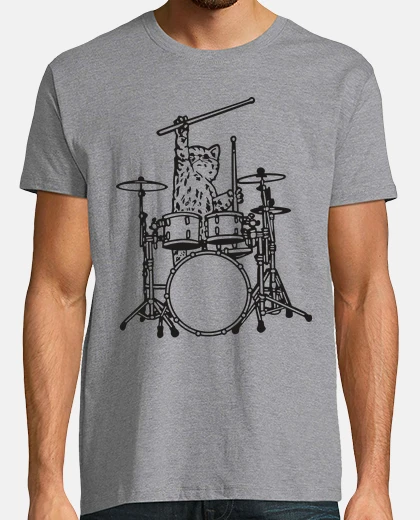 T-shirt gatto batterista musica rock batteria animale heavy metal