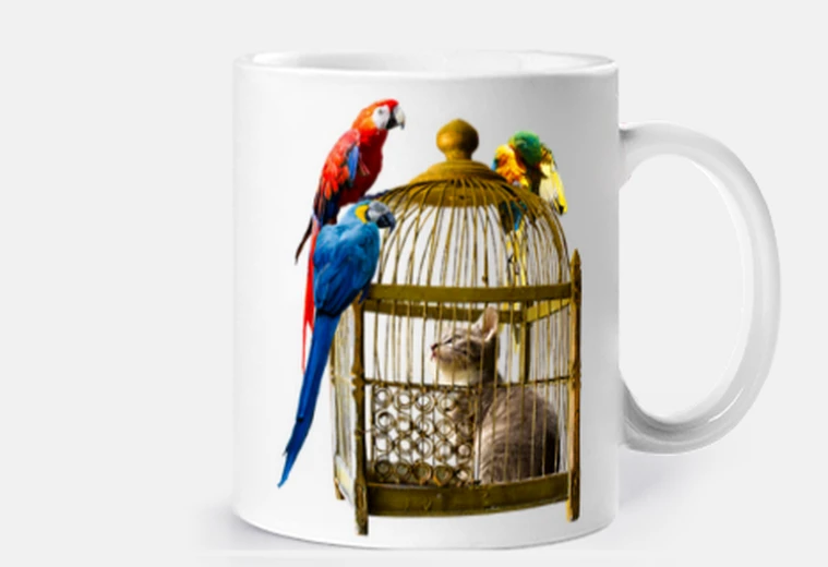 Tazza gatto in gabbia e pappagalli tazza personalizzabile caffè tè latte