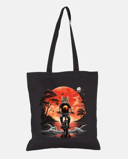 Borsa gatto in sella a una bicicletta tramonto borsa per studenti diario e-reader borsa per la spesa