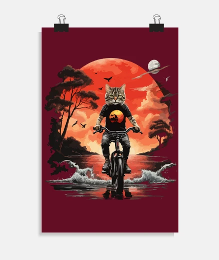 Poster gatto in sella a una bicicletta tramonto poster soggiorno negozio ufficio supporto per poster