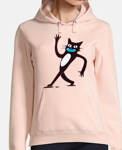Felpa gatto nero al neon che canticchia, si mette in mostra, logo, tasca, cotta, appuntamento,