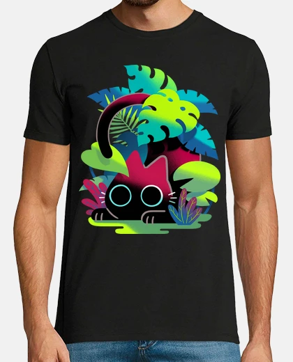 T-shirt gatto nero dietro le foglie - cacciatore in agguato tra le piante