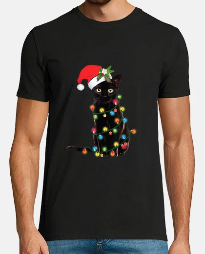 T-shirt gatto nero natale aggrovigliato nelle luci natale