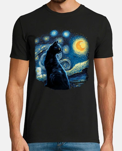 T-shirt gatto notte luna pittura van gogh arte animali gatti