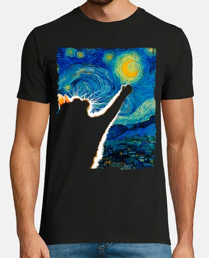 T-shirt gatto notte stellata pittura artistica van gogh animali gatti