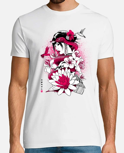 T-shirt geisha con serpente rosa tostadora