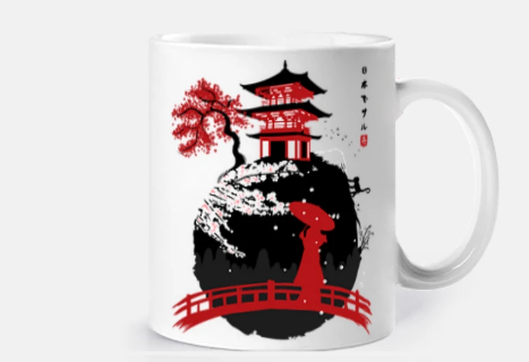 Tazza geisha sul ponte sotto il tempio