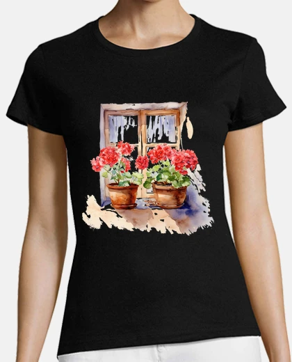 Tee-shirt Géranium en pot sur une fenêtre vintage rétro 