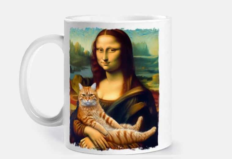Cup ginger cat in the arms of a museum cup to personalize coffee tea infusion herbal tea croissants