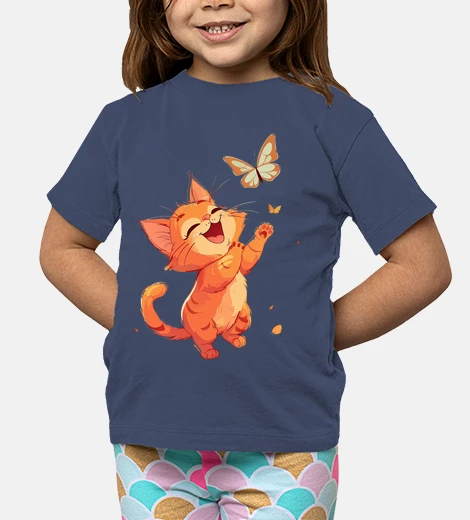 Kids ginger kitten playing with butterflies