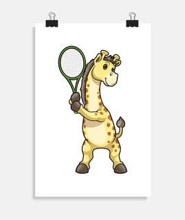 giraffe at tennis with tennis racket