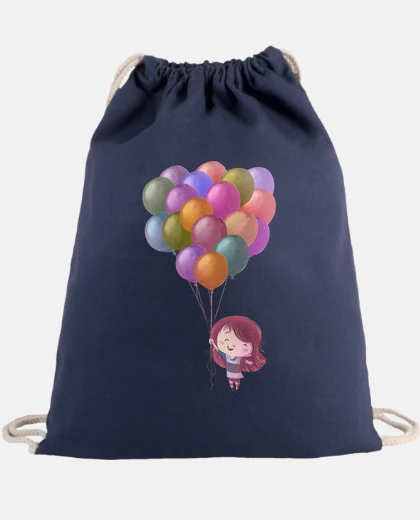 Bag girl flying with balloons