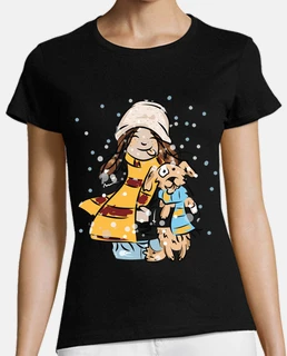 girl and dog under snow with scarves
